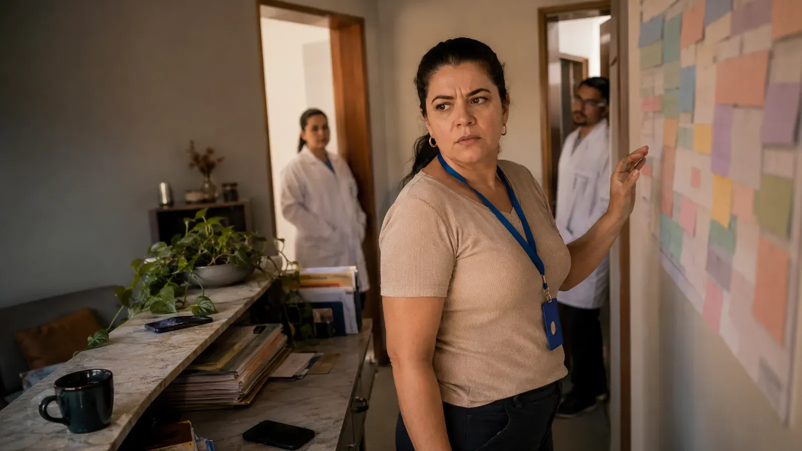 Recepcionista diante de um quadro de horários colorido enquanto dois dentistas aguardam ao fundo