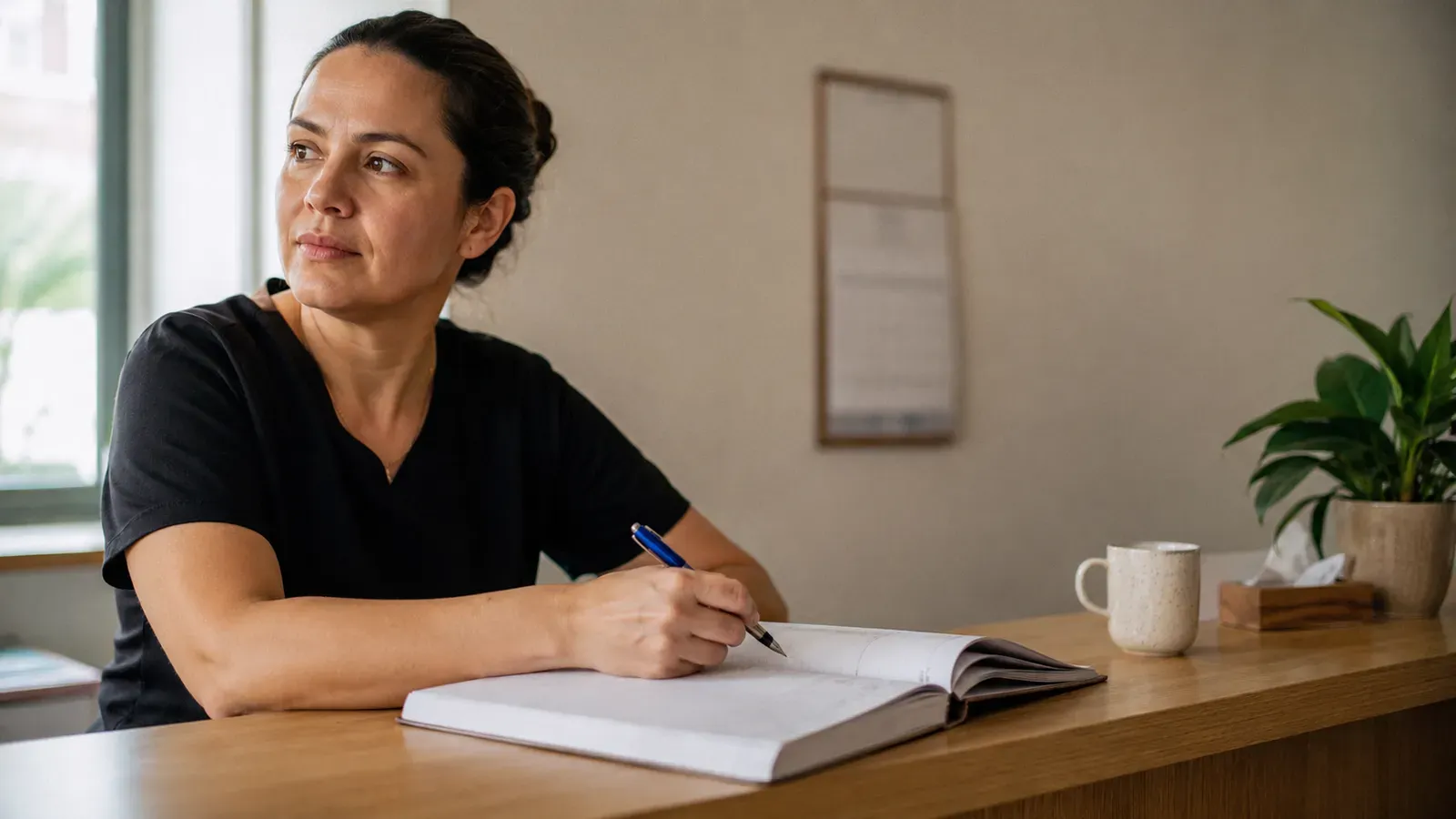 Recepcionista de clínica olhando para a agenda no computador enquanto um paciente conversa pelo WhatsApp no celular