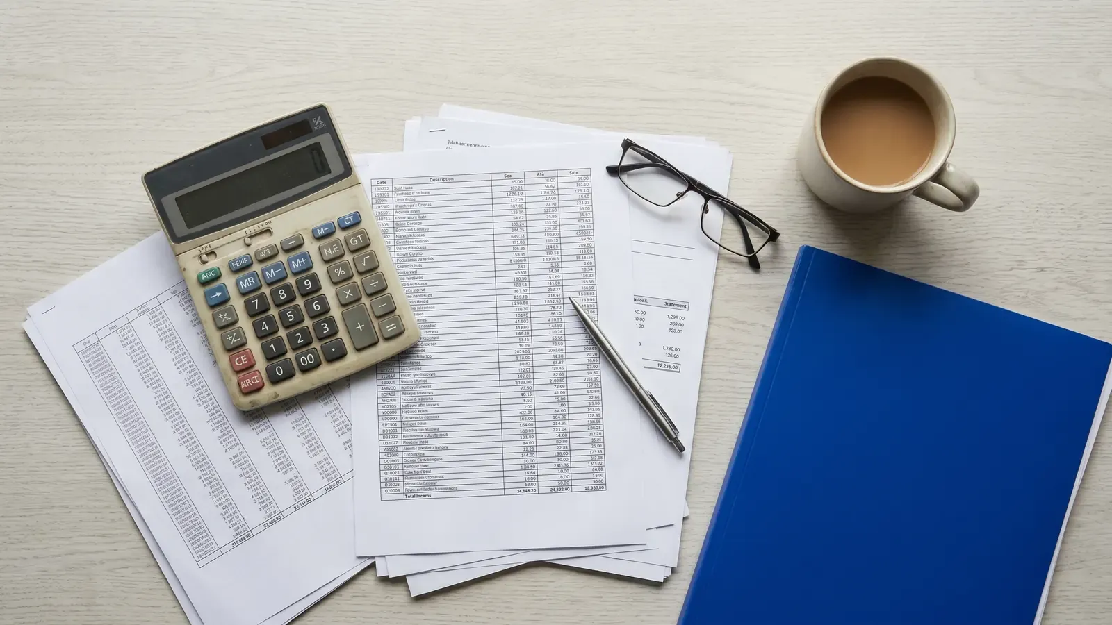 Vista de cima de uma mesa de gestão de clínica com calculadora, extratos financeiros, óculos, xícara de café e pasta azul
