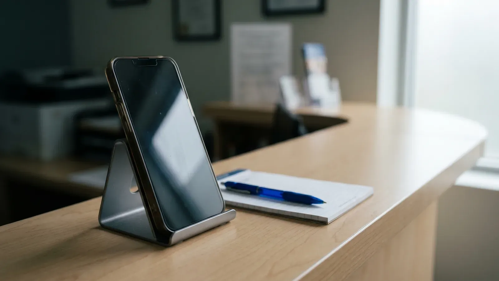 Smartphone apoiado sobre a mesa de uma recepção de clínica, ao lado de um bloco de notas e uma caneta azul