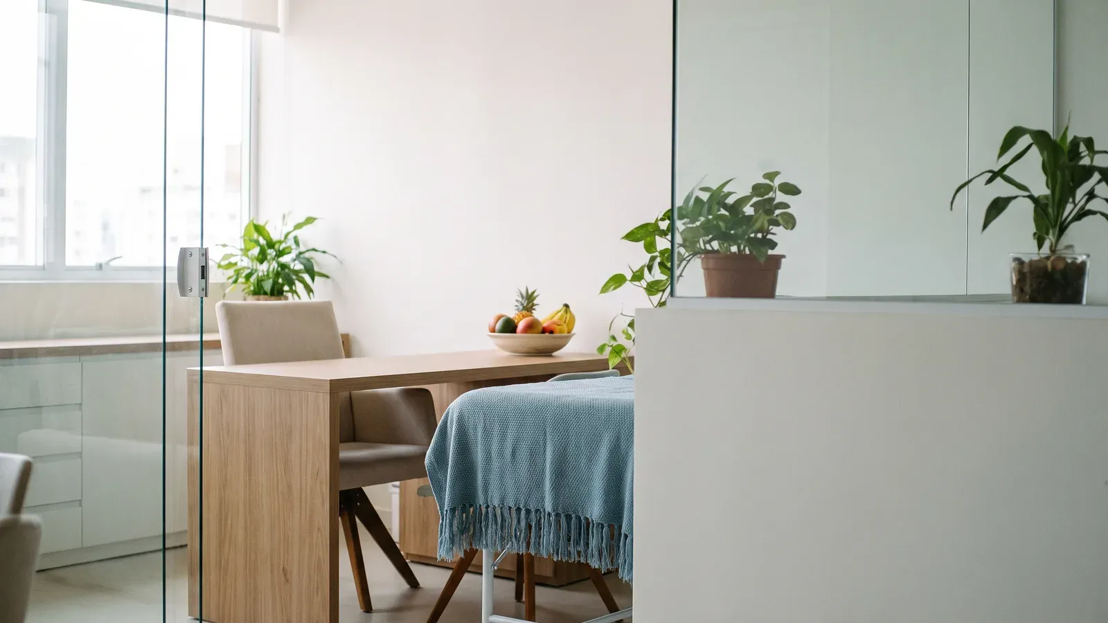 Consultório de nutrição claro com cadeira vazia diante de uma mesa junto à janela e fruteira desfocada