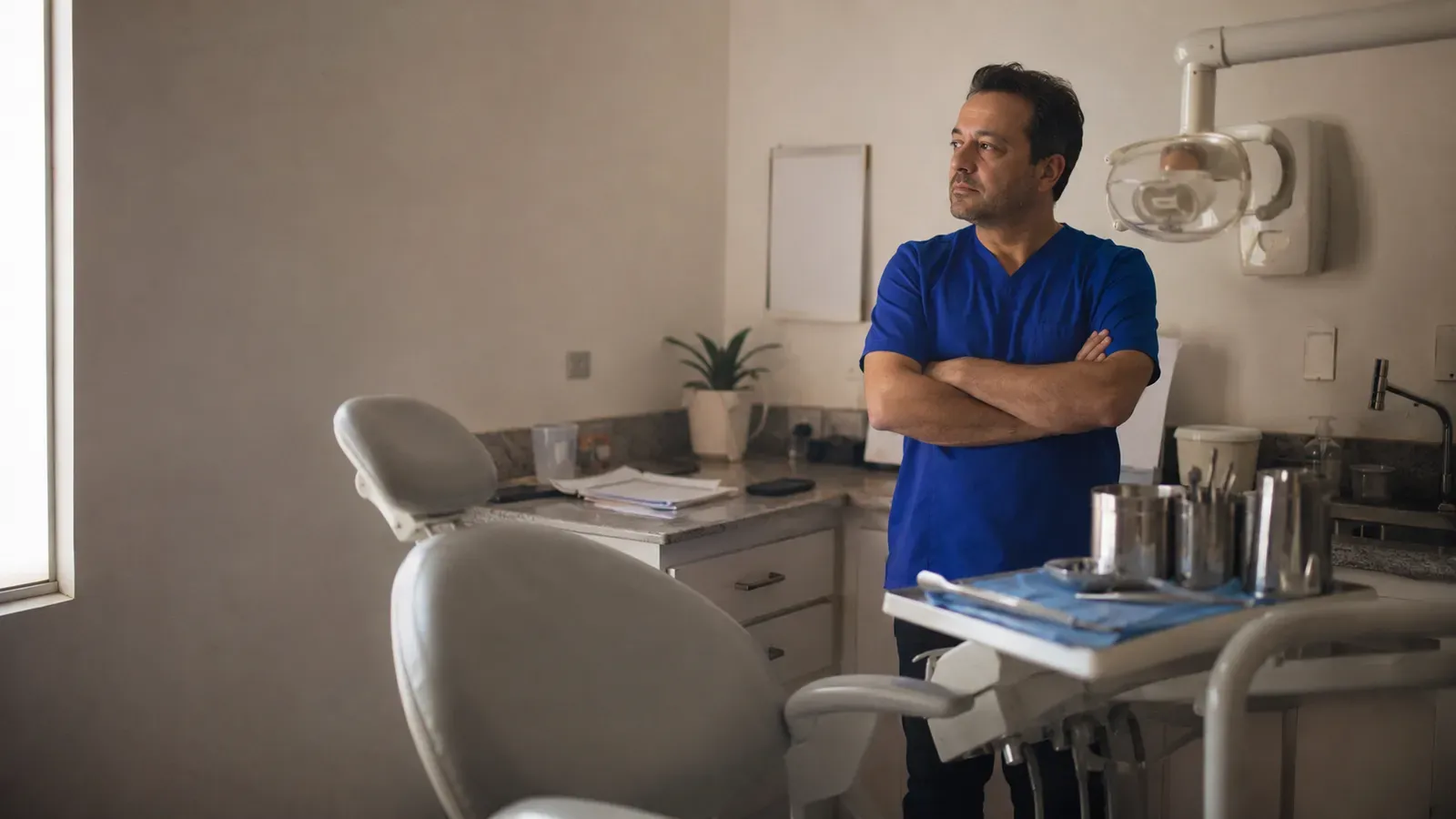Dentista de jaleco azul observando a cadeira odontológica vazia no consultório