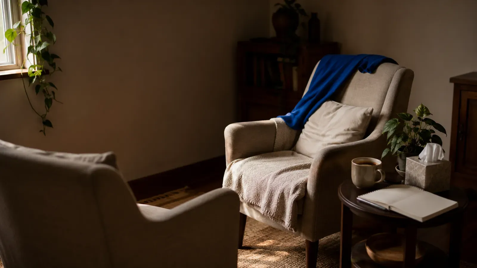 Duas poltronas de terapia em consultório acolhedor, com uma manta azul sobre uma delas