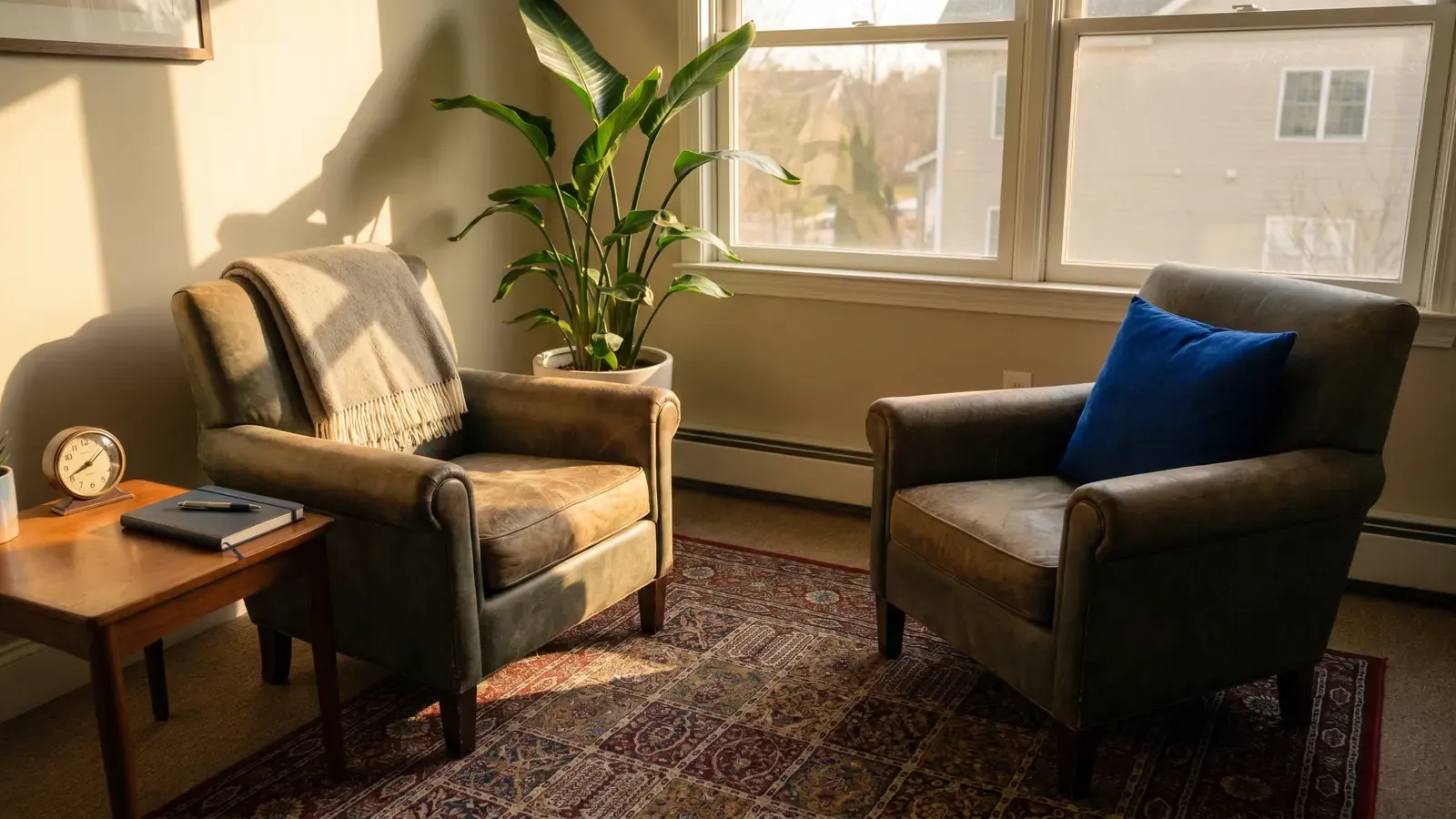 Consultório de psicologia acolhedor com duas poltronas e um caderno de notas sobre a mesa lateral, em luz de fim de tarde