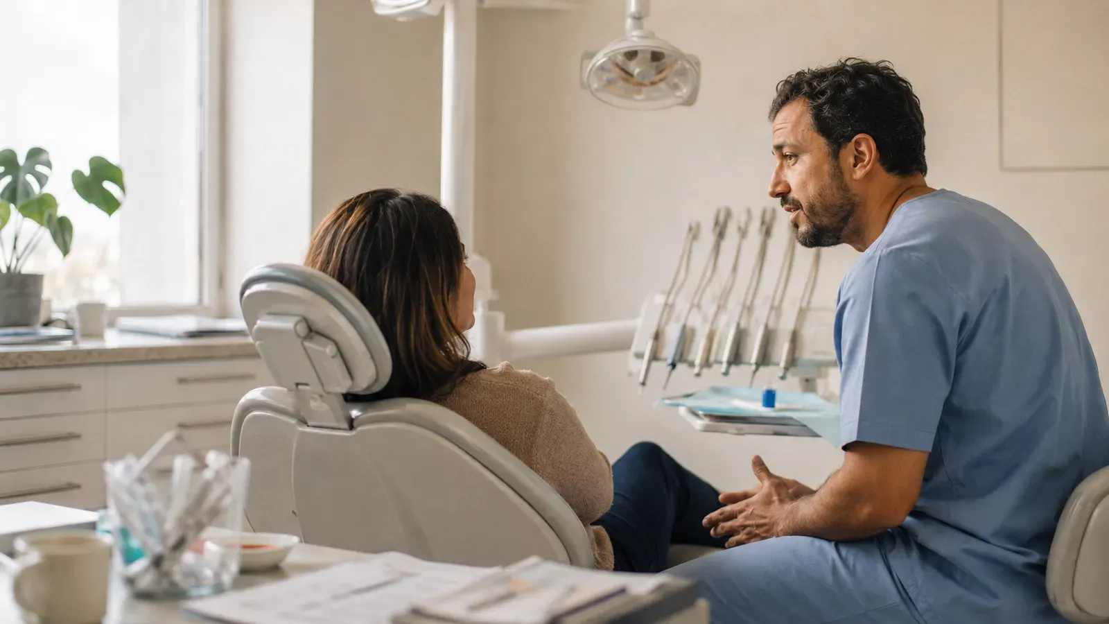 Dentista em jaleco branco consultando agenda em tablet dentro de consultório odontológico iluminado
