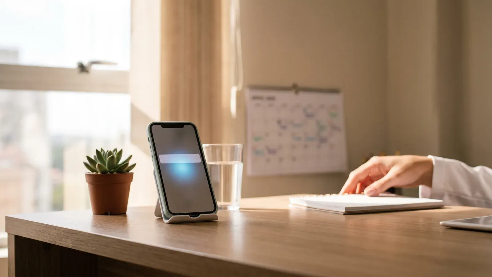 Smartphone na mesa de um consultório de nutrição com brilho azul de notificação e calendário desfocado ao fundo